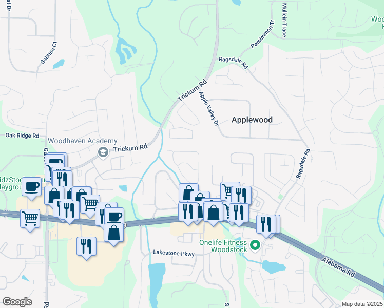 map of restaurants, bars, coffee shops, grocery stores, and more near 156 Weatherstone Drive in Woodstock
