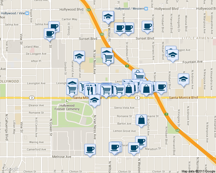 map of restaurants, bars, coffee shops, grocery stores, and more near 1159 North Wilton Place in Los Angeles