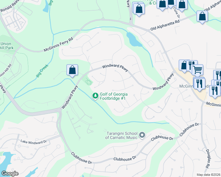 map of restaurants, bars, coffee shops, grocery stores, and more near 5045 Walnut Creek Trail in Alpharetta