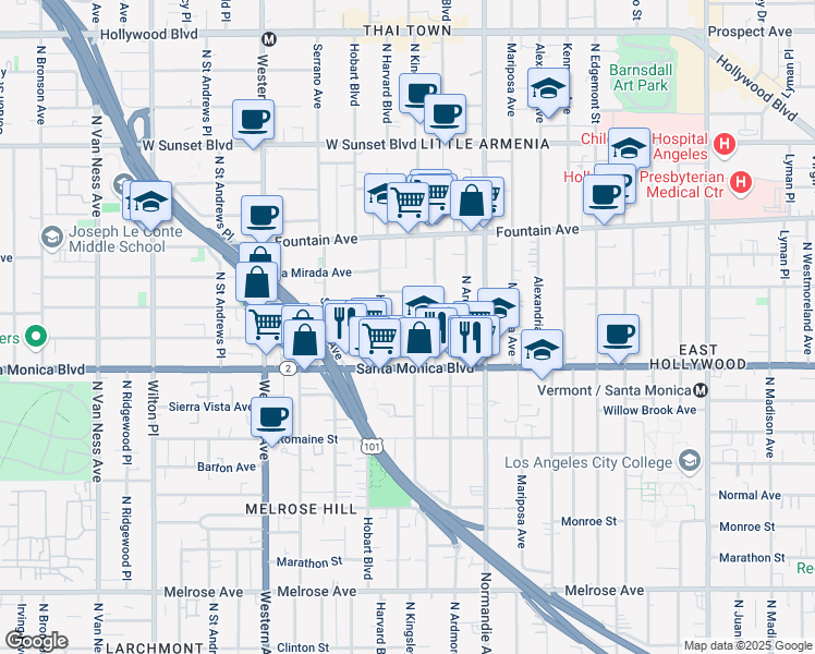 map of restaurants, bars, coffee shops, grocery stores, and more near 5229 Virginia Avenue in Los Angeles