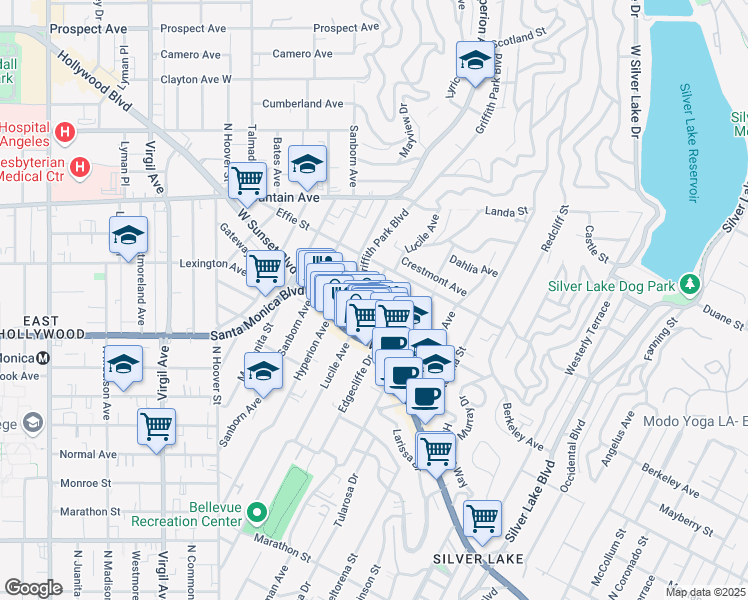 map of restaurants, bars, coffee shops, grocery stores, and more near 1648 Lucile Avenue in Los Angeles