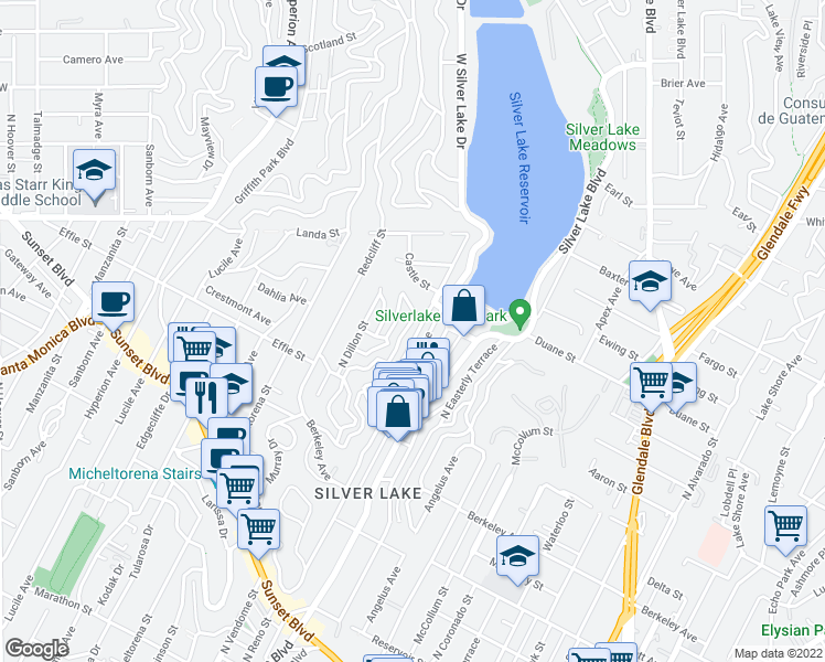 map of restaurants, bars, coffee shops, grocery stores, and more near 1808 Rotary Drive in Los Angeles