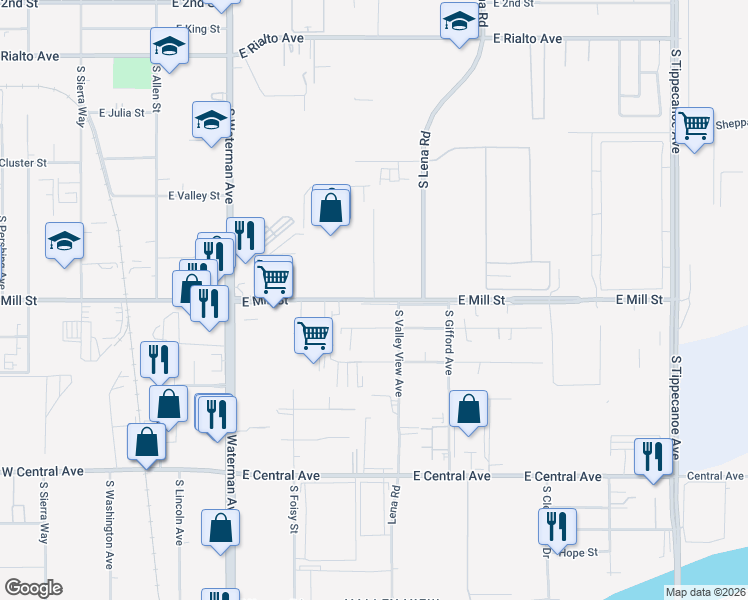map of restaurants, bars, coffee shops, grocery stores, and more near East Mill Street in San Bernardino