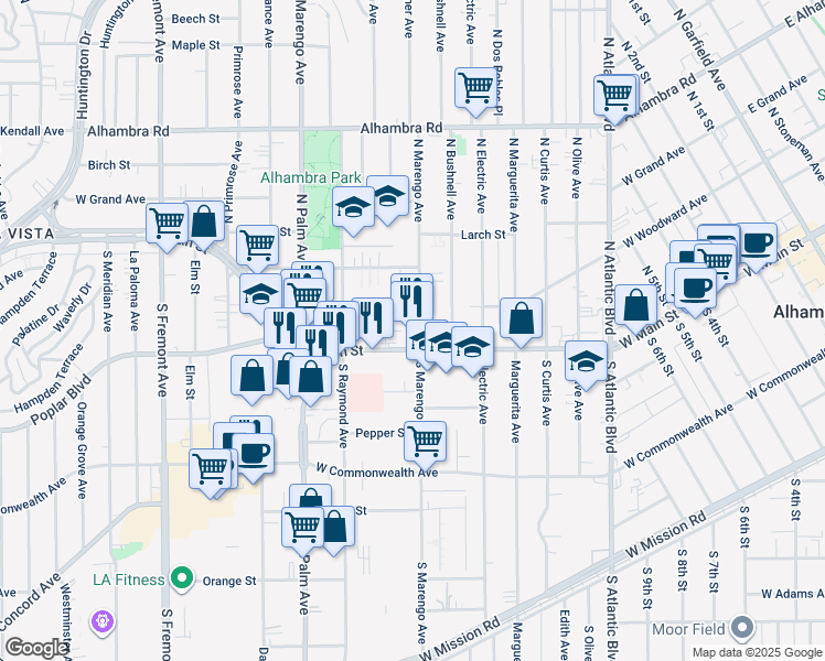 map of restaurants, bars, coffee shops, grocery stores, and more near 1811 West Main Street in Alhambra