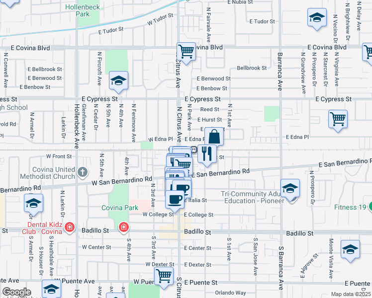 map of restaurants, bars, coffee shops, grocery stores, and more near 600 North Citrus Avenue in Covina