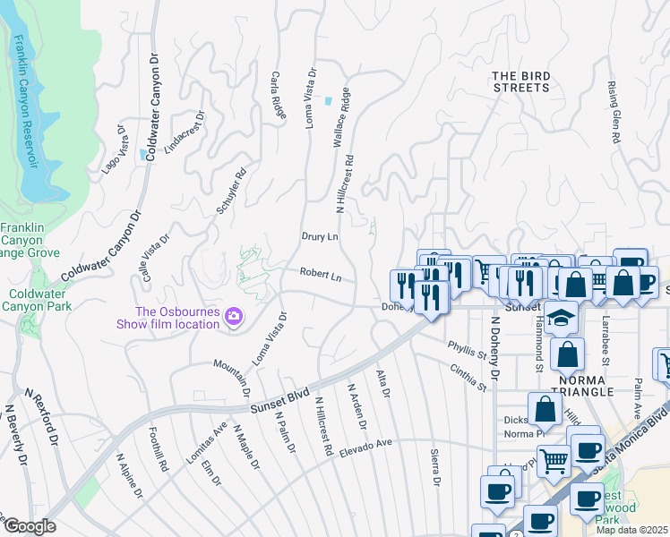 map of restaurants, bars, coffee shops, grocery stores, and more near 407 Robert Lane in Beverly Hills