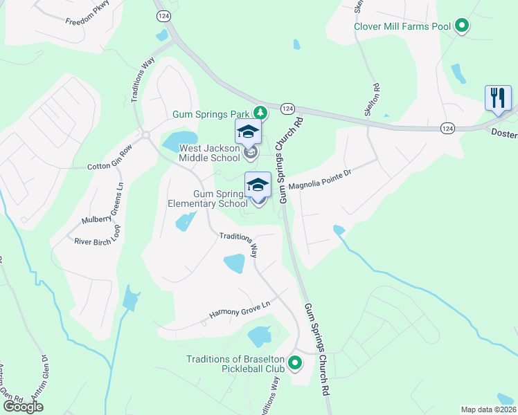 map of restaurants, bars, coffee shops, grocery stores, and more near 600 Gum Springs Church Road in Jefferson