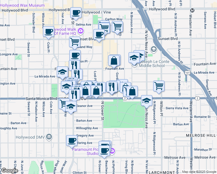 map of restaurants, bars, coffee shops, grocery stores, and more near 1147 Beachwood Drive in Los Angeles