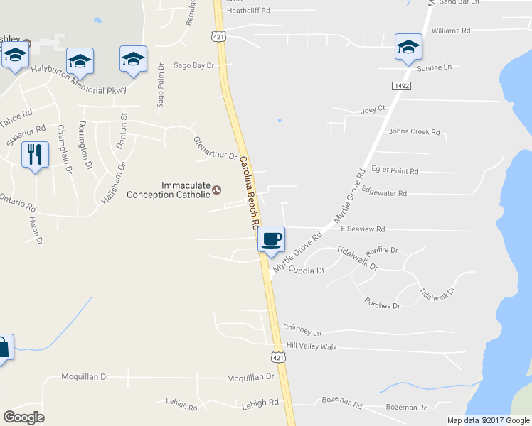 map of restaurants, bars, coffee shops, grocery stores, and more near 6727 Carolina Beach Road in Wilmington