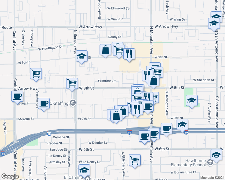map of restaurants, bars, coffee shops, grocery stores, and more near in Upland