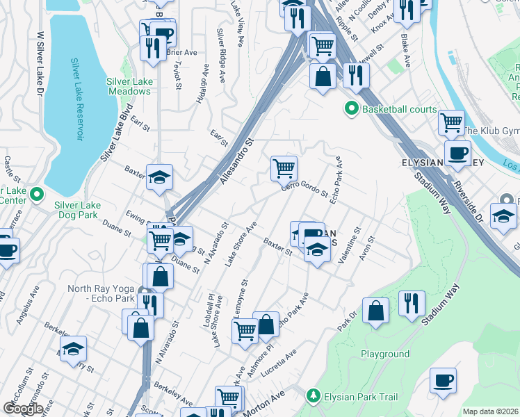 map of restaurants, bars, coffee shops, grocery stores, and more near 2148 Lake Shore Avenue in Los Angeles