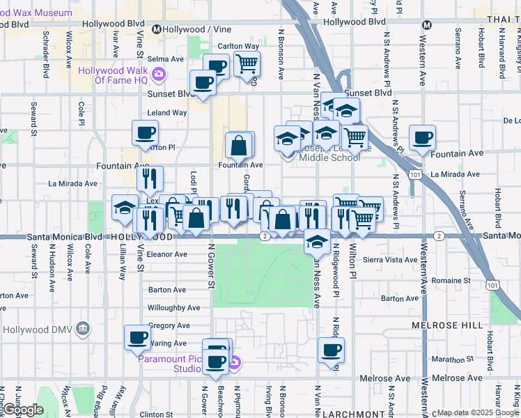 map of restaurants, bars, coffee shops, grocery stores, and more near 1147 Tamarind Avenue in Los Angeles