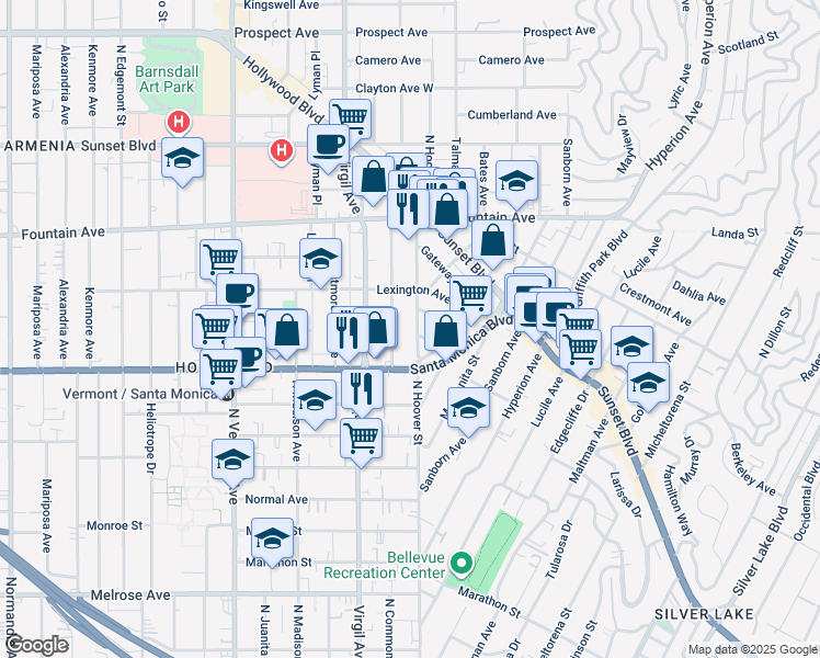 map of restaurants, bars, coffee shops, grocery stores, and more near 1145 North Hoover Street in Los Angeles