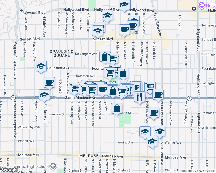 map of restaurants, bars, coffee shops, grocery stores, and more near 1140 North Vista Street in West Hollywood