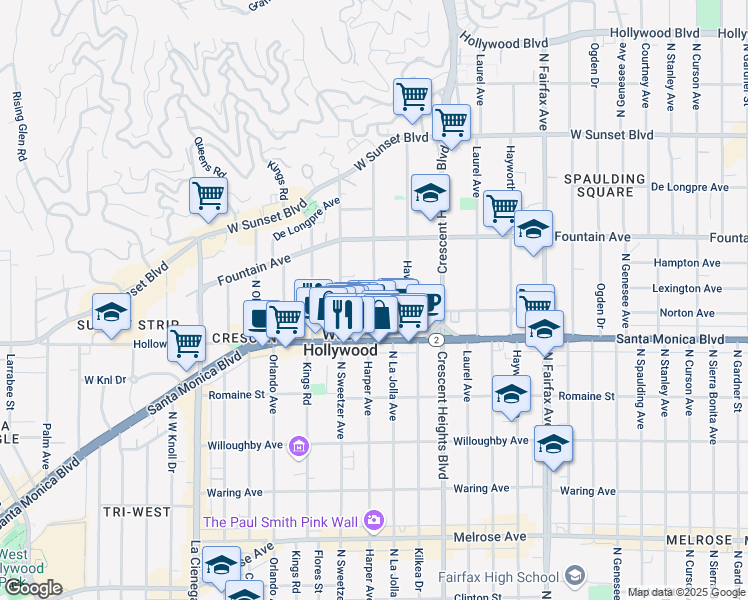 map of restaurants, bars, coffee shops, grocery stores, and more near 8261 Norton Avenue in West Hollywood