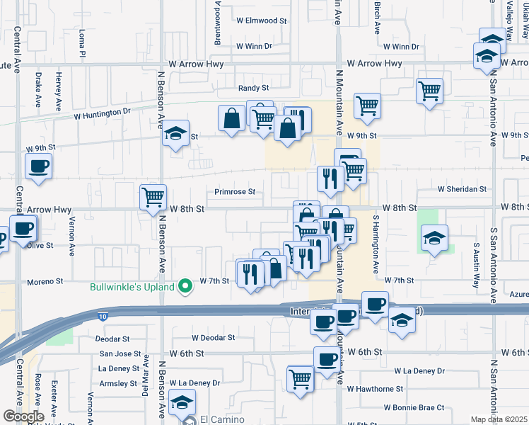 map of restaurants, bars, coffee shops, grocery stores, and more near 1362 West 8th Street in Upland