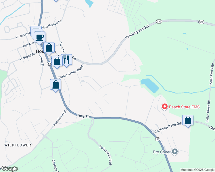 map of restaurants, bars, coffee shops, grocery stores, and more near 94 Jaxton Street in Hoschton