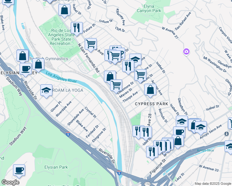 map of restaurants, bars, coffee shops, grocery stores, and more near 2601 Loosmore Street in Los Angeles