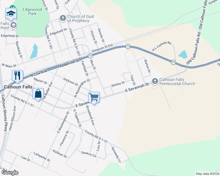 map of restaurants, bars, coffee shops, grocery stores, and more near 325 Slator Avenue in Calhoun Falls