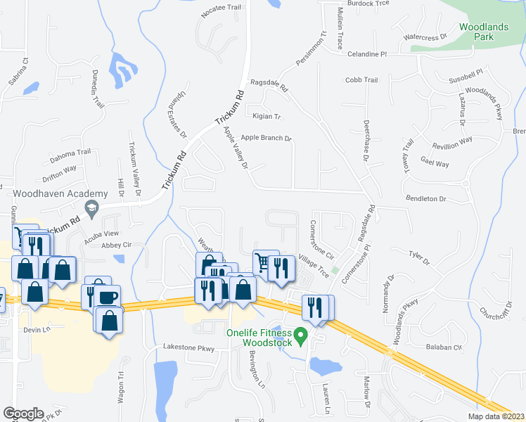 map of restaurants, bars, coffee shops, grocery stores, and more near 258 Weatherstone Pointe Drive in Woodstock