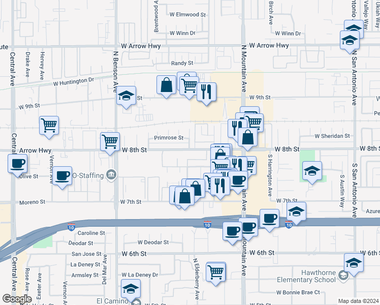 map of restaurants, bars, coffee shops, grocery stores, and more near 1362 West 8th Street in Upland