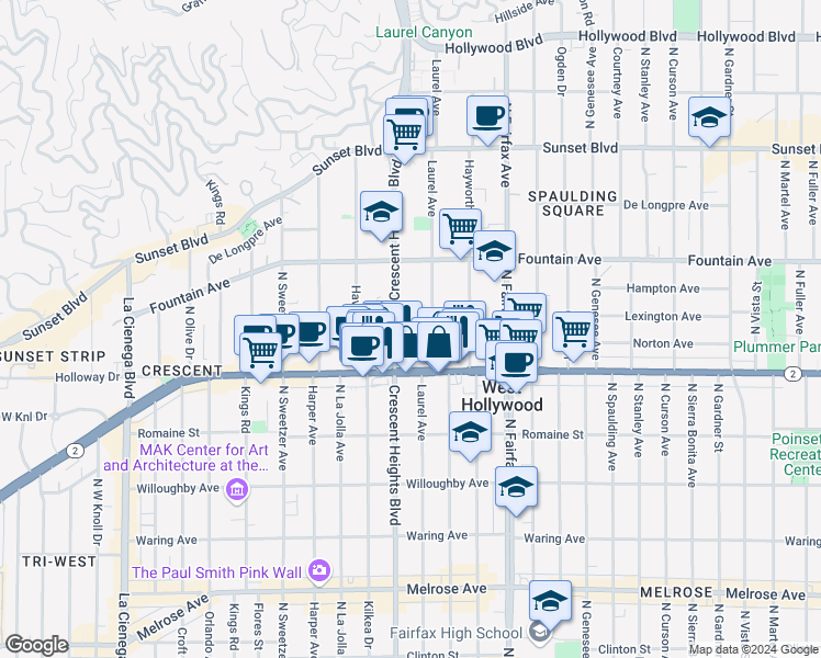 map of restaurants, bars, coffee shops, grocery stores, and more near 8017 Norton Avenue in West Hollywood