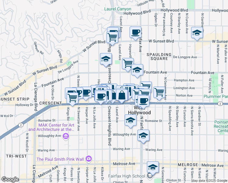 map of restaurants, bars, coffee shops, grocery stores, and more near 8017 Norton Avenue in Los Angeles
