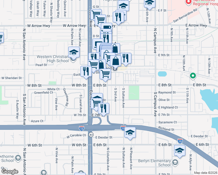 map of restaurants, bars, coffee shops, grocery stores, and more near 212 East 8th Street in Upland