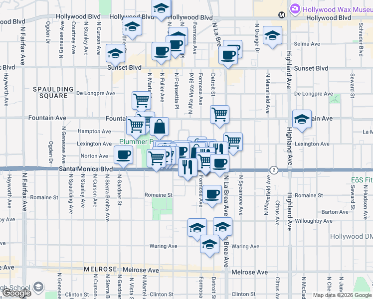 map of restaurants, bars, coffee shops, grocery stores, and more near North Poinsettia Place in West Hollywood