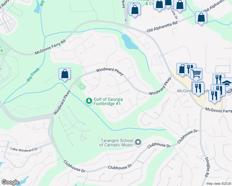map of restaurants, bars, coffee shops, grocery stores, and more near 4095 Walnut Creek Trail in Alpharetta
