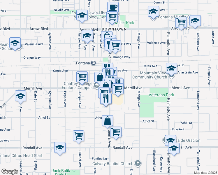 map of restaurants, bars, coffee shops, grocery stores, and more near in Fontana