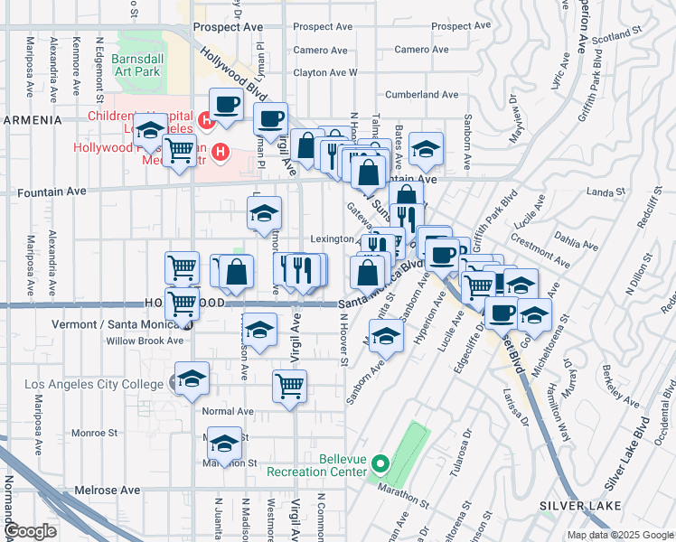 map of restaurants, bars, coffee shops, grocery stores, and more near 1145 North Hoover Street in Los Angeles