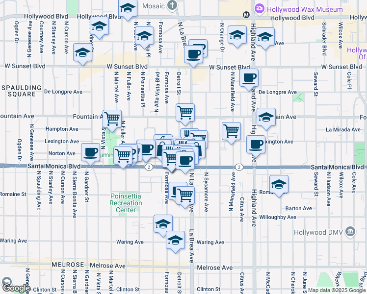 map of restaurants, bars, coffee shops, grocery stores, and more near 1148 North Detroit Street in West Hollywood