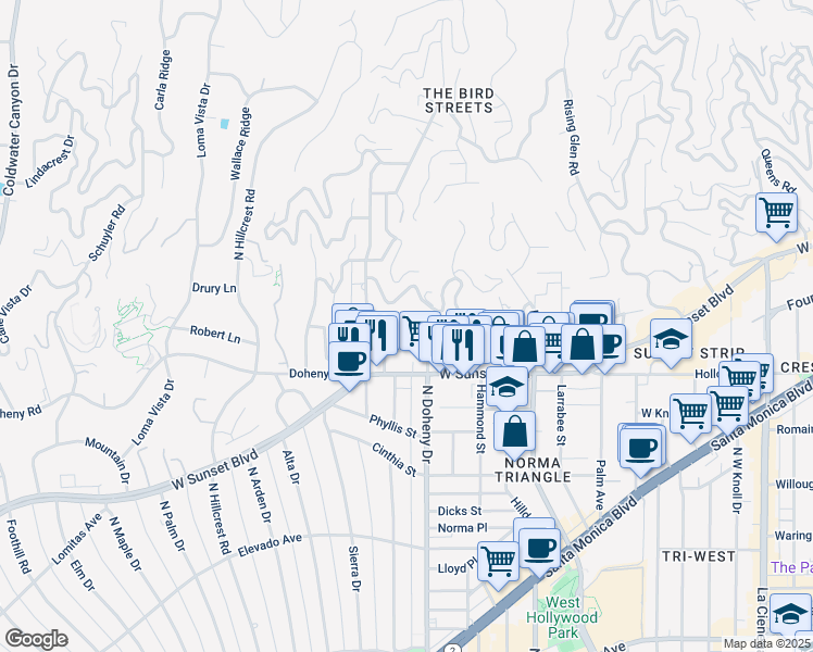 map of restaurants, bars, coffee shops, grocery stores, and more near 1164 North Doheny Drive in Los Angeles