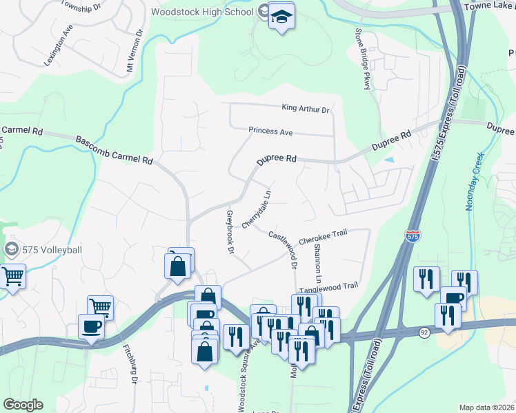 map of restaurants, bars, coffee shops, grocery stores, and more near 860 Cherrydale Lane in Woodstock