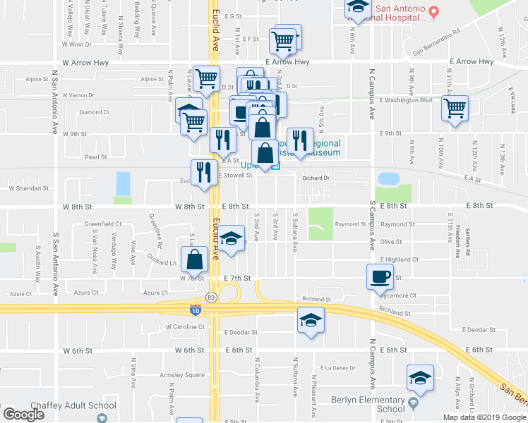 map of restaurants, bars, coffee shops, grocery stores, and more near 218 South 2nd Avenue in Upland