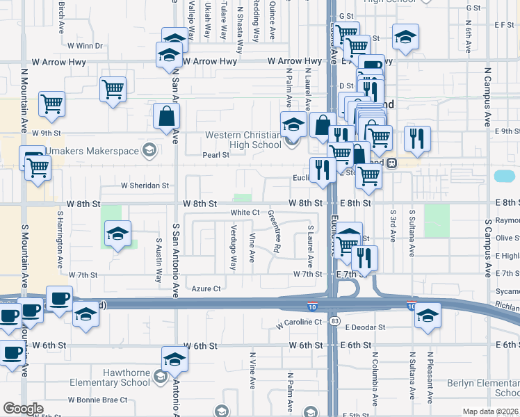 map of restaurants, bars, coffee shops, grocery stores, and more near 358 West 8th Street in Upland