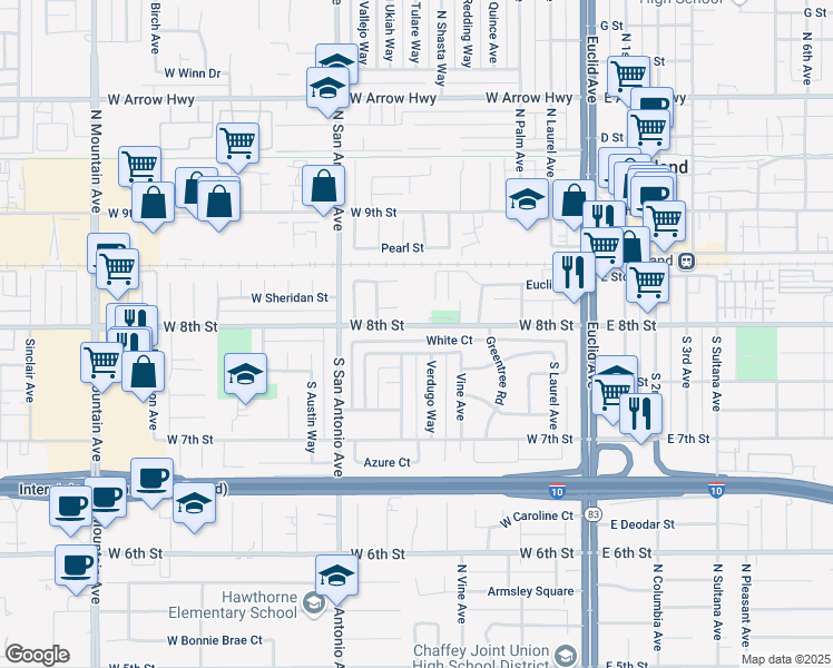 map of restaurants, bars, coffee shops, grocery stores, and more near 615 Greenfield Court in Upland