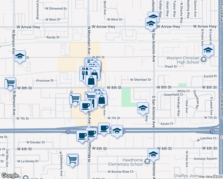map of restaurants, bars, coffee shops, grocery stores, and more near 211 Grayson Way in Upland