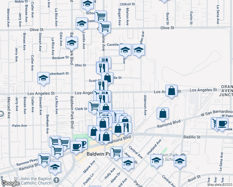 map of restaurants, bars, coffee shops, grocery stores, and more near 14526 Los Angeles Street in Baldwin Park