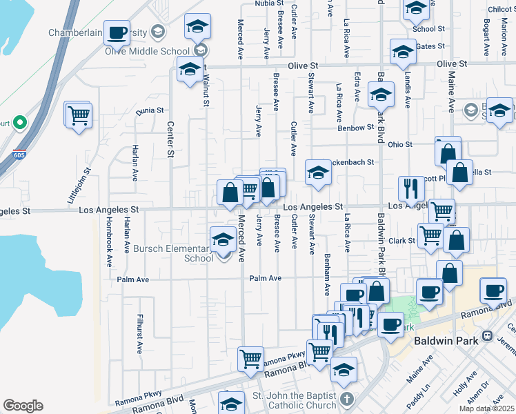 map of restaurants, bars, coffee shops, grocery stores, and more near 13848 Los Angeles Street in Baldwin Park