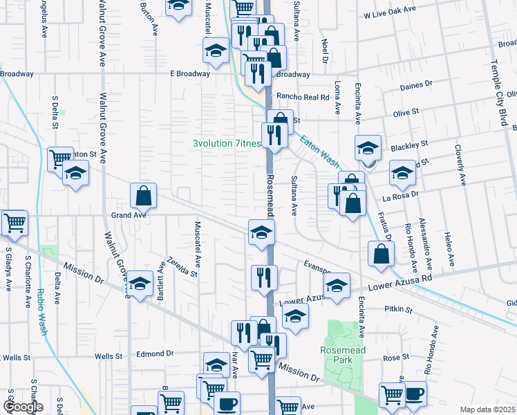 map of restaurants, bars, coffee shops, grocery stores, and more near 5005 California 19 in San Gabriel