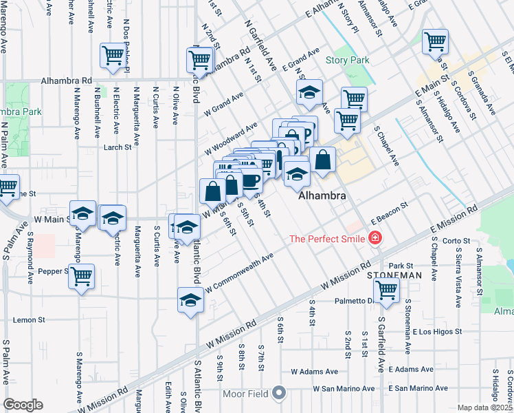 map of restaurants, bars, coffee shops, grocery stores, and more near 58 South 5th Street in Alhambra