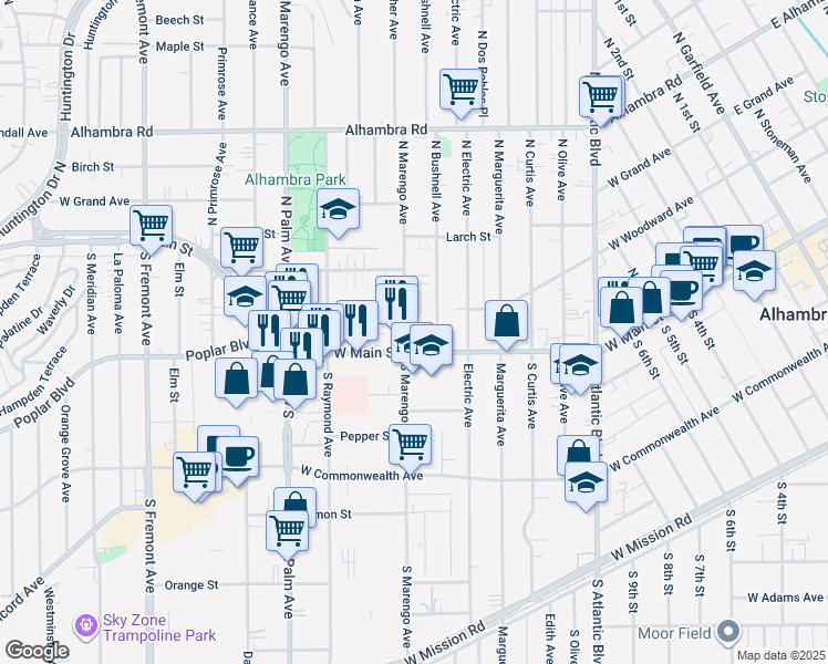 map of restaurants, bars, coffee shops, grocery stores, and more near 12 North Marengo Avenue in Alhambra