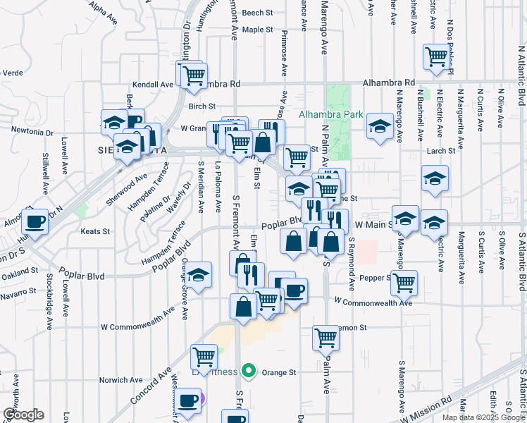 map of restaurants, bars, coffee shops, grocery stores, and more near 216 Elm Street in Alhambra