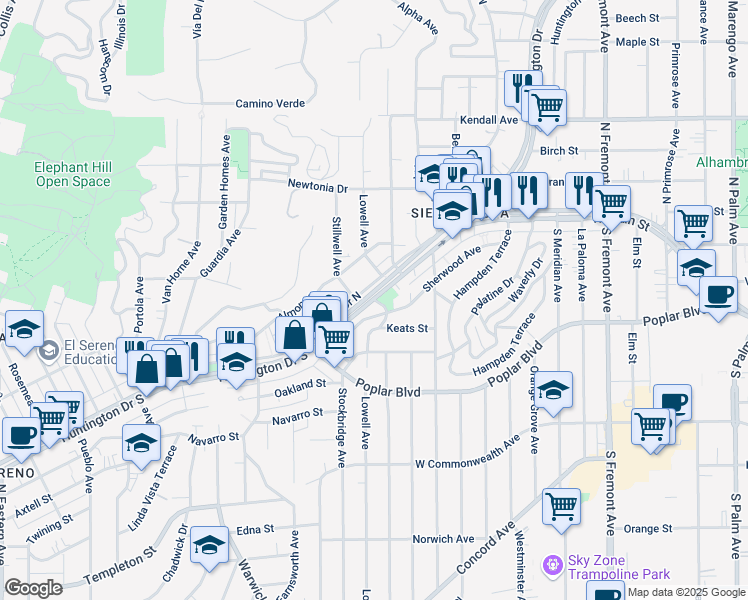 map of restaurants, bars, coffee shops, grocery stores, and more near 5440 1/2 Huntington Drive South in Los Angeles