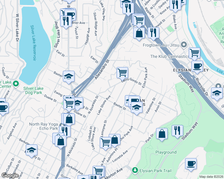 map of restaurants, bars, coffee shops, grocery stores, and more near 2148 Lake Shore Avenue in Los Angeles