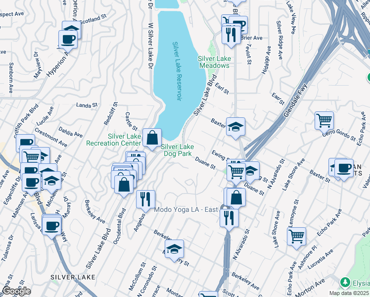 map of restaurants, bars, coffee shops, grocery stores, and more near 2345 Duane Street in Los Angeles