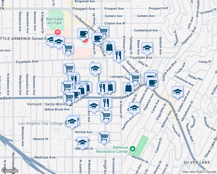 map of restaurants, bars, coffee shops, grocery stores, and more near 1139 North Virgil Avenue in Los Angeles
