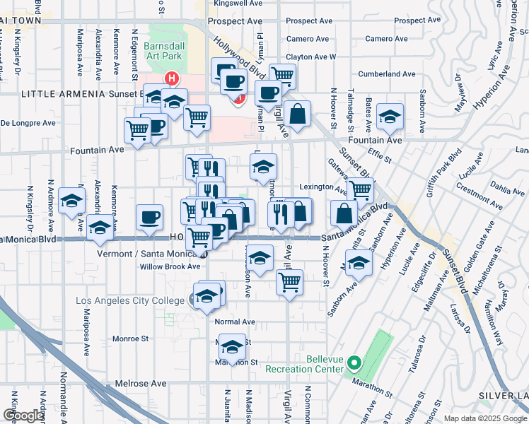 map of restaurants, bars, coffee shops, grocery stores, and more near 1137 North Westmoreland Avenue in Los Angeles